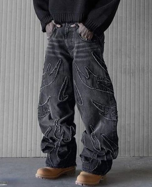 Baggy Jeans for Men Y2k Hip Hop Distressed Retro Black Pants Oversized Embroidery Haruku Gothic Wide Leg Trousers Streetwear 240619