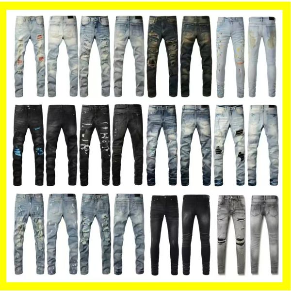 Men's Designer Skinny Print patchwork casual Ripped Y2K Street Hip Hop Rock Jeans Size 28-40
