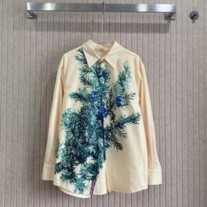 fashion womens highend brand original plant pattern printing design female lapel shirt high quality women luxury silk blouse