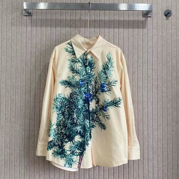 fashion womens highend brand original plant pattern printing design female lapel shirt high quality women luxury silk blouse