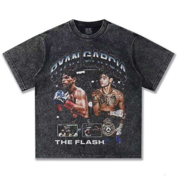 Ryan Gecia Washed Vintage Short Sleeve 100% Cotton American Heavy Direct Spray Print Small Collar Oversized Sweatshirt Fitted T-Shirt