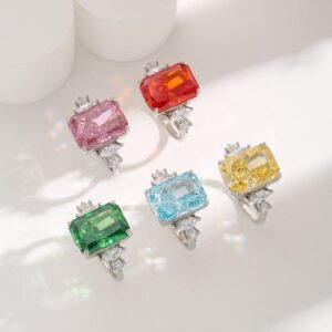 Colorful Rectangular Gemstone Ring with Five-Color Diamond Inlays, Stylish Luxury Women's Ring, Perfect for Birthdays and Anniversaries