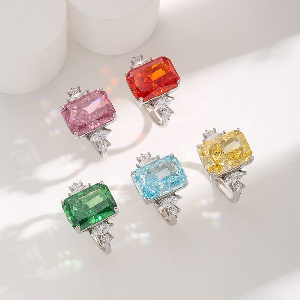 Colorful Rectangular Gemstone Ring with Five-Color Diamond Inlays, Stylish Luxury Women's Ring, Perfect for Birthdays and Anniversaries
