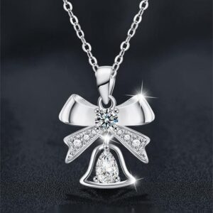 Elegant Bow and Bell Pendant Necklace in S925 Silver with Moissanite – Festive Holiday Charm Jewelry Gift for Women