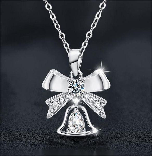 Elegant Bow and Bell Pendant Necklace in S925 Silver with Moissanite - Festive Holiday Charm Jewelry Gift for Women