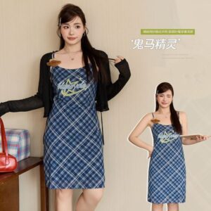 B440 hot girl contrast color print bear plaid suspender skirt female fat mm large size slim fit dress