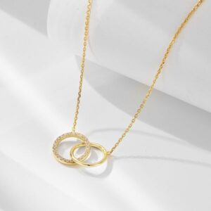 S925 sterling silver fashionable and personalized simple diamond inlaid circle double ring interlocking necklace