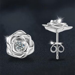 925 Sterling Silver Moissanite Rose Flower Stud Earrings for Women Jewelry Gift