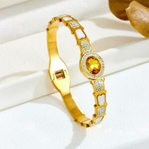 Luxury Ins Fashion 316L Stainless Steel Pink Crystal Citrine Turquoise Emerald Cuff Bangles Wristbands Wateproof Anti-rust Titanium Bracelets Jewelry Wholesale