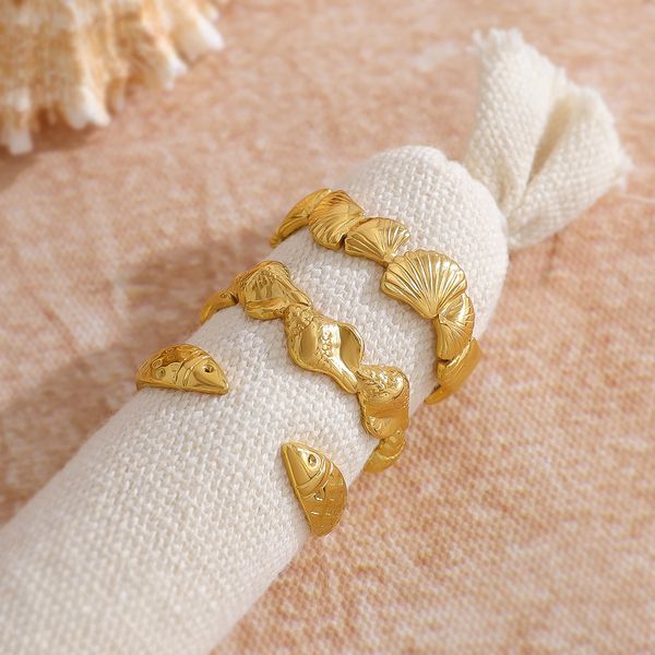 Summer Ocean Style Titanium Steel Ring 18K Gold Plated Adjustable Shell and Conch Ring for Women - High-Quality, Non-Tarnish