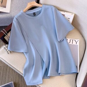 200 catties fat mm large size top short sleeve design irregular slit loose shoulder T-shirt high-end feeling 3390