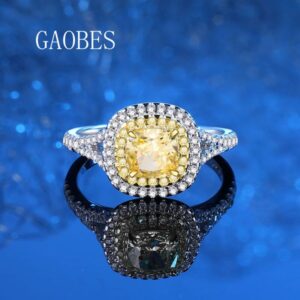 Elegant S925 Sterling Silver Ring with High Carbon Diamonds and Square Yellow Diamond Ice Flower Cut Design for Women