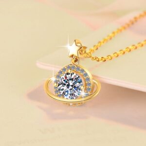 18K Gold Plated Moissanite Necklace | S925 Silver Tarnish-Resistant | Celestial Planet & Flapper Skirt Design | 1CT Diamond Alternative with Laser Inscription