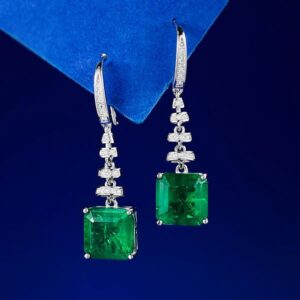 Exquisite S925 Sterling Silver Vintage Emerald Cut Green CZ Earrings with Full Diamond Paving