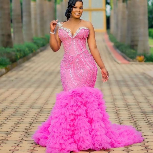 2024 Plus Size Hot Pink Mermaid Prom Dress Lacefull Promdress Tiers Crystals Evening Formal Party Second Reception Birthday Engagement Gowns Dresses ZJ643