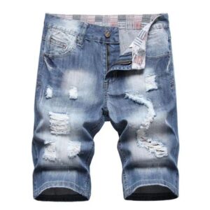 New Summer Men Light Blue Holes Denim Shorts Jeans Good Quality Male Cotton Straight Short Jeans Ripped Knee Length Jeans 42