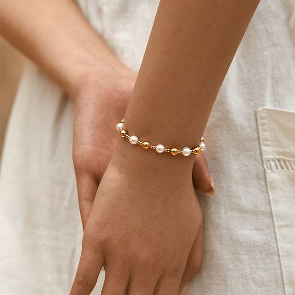 Color Preserved Freshwater Pearl Bracelet Texture Genuine Gold Plated Elegant Bead Bracelet Handmade Style Retro European and American Handmade Decoration