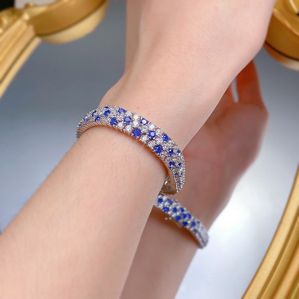 Elegant S925 Sterling Silver Bracelet with Royal Blue Full Diamonds, Trendy Fashionable Ins-style Jewelry, Perfect Gift for Her
