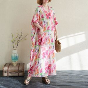 B422 Summer floral holiday travel V-neck retro long skirt covering flesh cotton and linen dress
