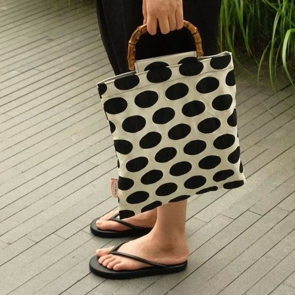 Designer bag retro polka dot black rice color scheme pop style bamboo joint bag handbag double layer canvas bag large capacity shopping bag