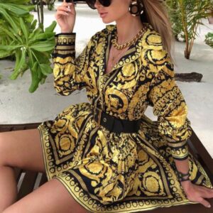 Casual Dresses Designer Printed Lace Up Dress Luxury Long Sleeved Shirt Dresses Womens Shirts Tops