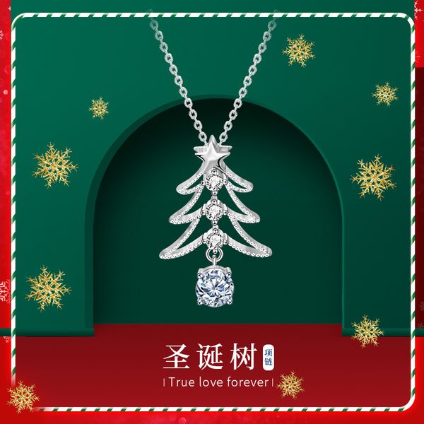 925 Sterling Silver Christmas Tree Pendant Necklace with Moissanite | Holiday Gift Jewelry for Women | Delicate Star Design