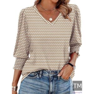 3/4 Length Sleeve Womens Tops Dressy Casual Blouses V Neck T Shirts with Smocked Cuffs