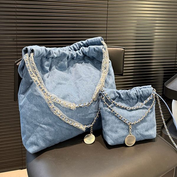 22 Denim Trash Shopping Bag Women Designer Shoulder Bag Classic Blue Pale Gold Hardware Metal Letter Coin Charm Matelasse Chain Hand Crossbody Bags 2-In-1 Purse 35/19cm