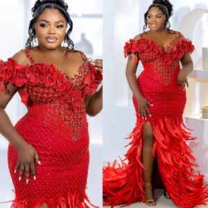Red Mermaid Prom Dresses 2025 Feather Rhinestones Beaded Lace Evening Formal Party Second Birthday Engagement Gowns Plus Size Dress For Special Occasions