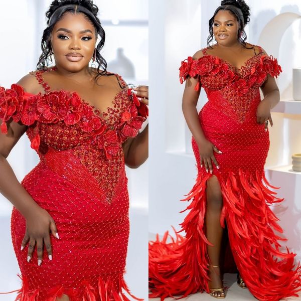 Red Mermaid Prom Dresses 2025 Feather Rhinestones Beaded Lace Evening Formal Party Second Birthday Engagement Gowns Plus Size Dress For Special Occasions