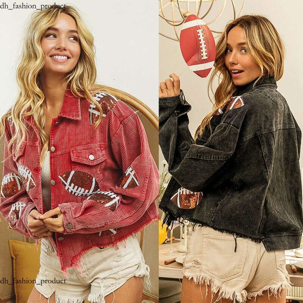 Women's Jackets New Sports Casual Corduroy Jacket Woman Retro Turn-down Collar Splicing Football Sequins Spring Autumn Tassel Jacket for Women f74