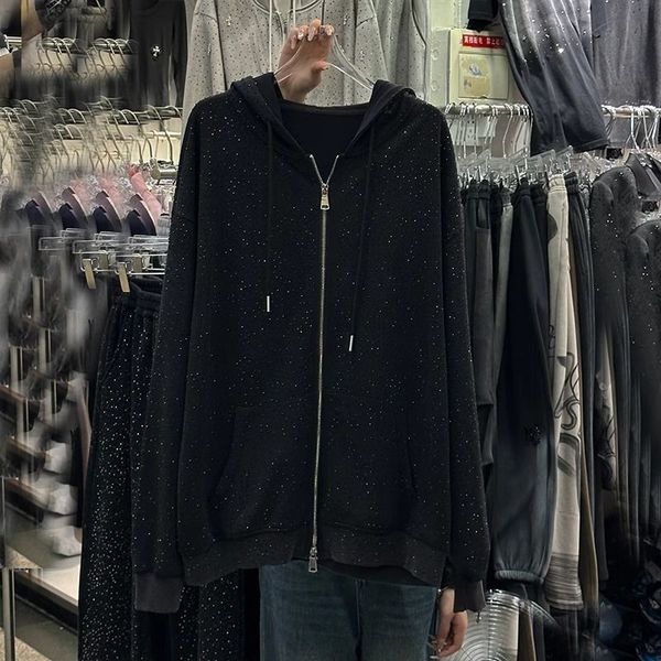 Elegant Plus-Sized Ladies' Sweater Jacket Featuring Crystal-Studded Hood