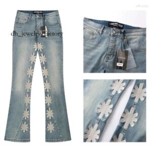 Men's Jeans Lostshdws Denim Pants Hip Hop Patchwork Embroidered Flower High Street Washed Blue Micro Flared Stretch LOST SHDWS 9b0