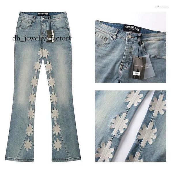 Men's Jeans Lostshdws Denim Pants Hip Hop Patchwork Embroidered Flower High Street Washed Blue Micro Flared Stretch LOST SHDWS 9b0