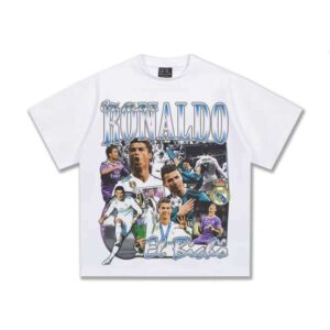 2025 Ronaldo Football Men's and Women's 100% Cotton Short Sleeve American Style Heavy Direct Print Small Collar Crossover T-Shirt