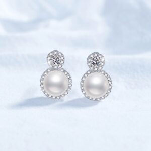 S925 Sterling Silver Stud Earrings, Women's 20-Point Moissanite Earrings, Princess Style Round Cluster Freshwater Pearl Studs, High-End Fashion Earrings, Wholesale