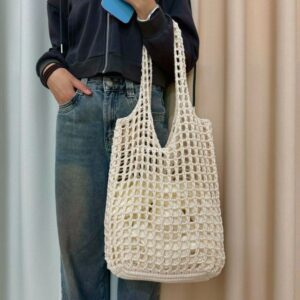 New Knitted Handbag Japanese and Korean Tote Bag Travel Shopping Bag Knitted Bag Hollow Bag Beach Bag Woven Bag for Women