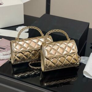 Two Sizes Ladies Shiny Gold Leather Purse Designer Mini Flap Bag 19 Series Matelasse Chain Hardware Shoulder Handbag with Cross Handle Wallet Sacoche 15/19cm