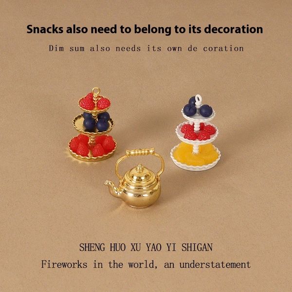 Creative mini Dim sum tray kettle metal handicraft micro landscape baby house scene home decoration decorations