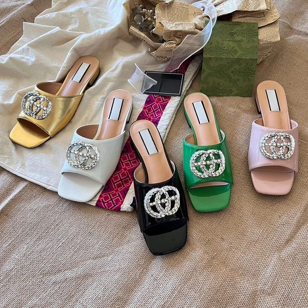 Slippers Slippers Summer New Square Rinestones Satin Smooth Block Womens Soes Fasion Slide Comfortable Ligt Sandals Silk