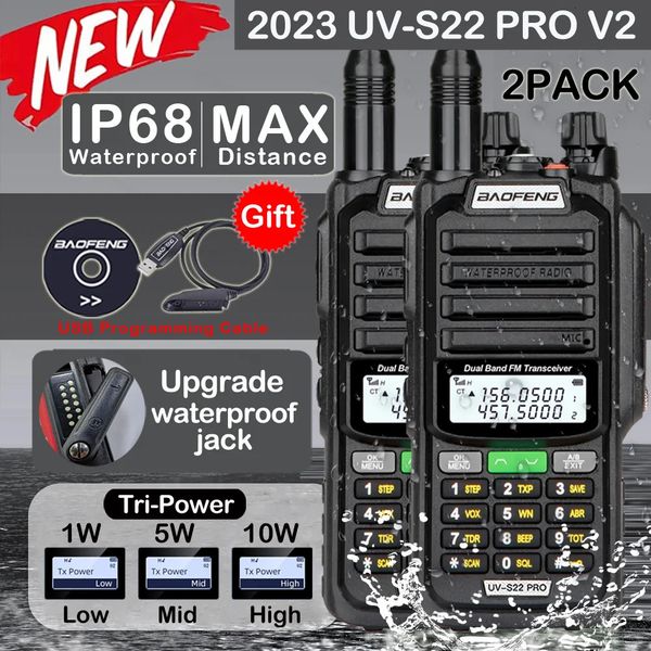Walkie Talkie 2pcs Baofeng Professional 10W Powerful UV S22 PRO IP68 Waterproof VHF UHF Dual Band Two Way CB Ham Radio For Hunt 231129