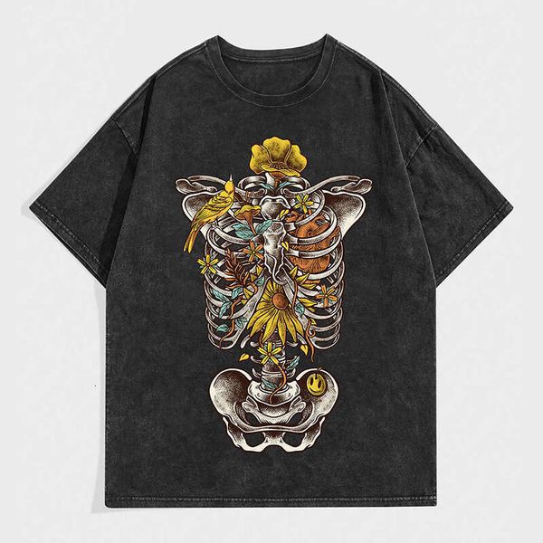 Washed Vintage Short T-Shirt for Men, Trendy Brand, Pure Cotton, American Style, Snowflake Spine Bone Half Sleeve