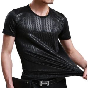 Men's ice silk t-shirt, round neck solid color high-end half-sleeve 2025 new middle-aged and young spiritual guy high-elastic large-size top 200 pounds available