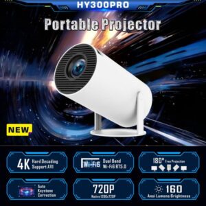 HY300 Pro Portable BT 5.0 11.0 With 2.4/5G WiFi6 Round Design Movie Projector 40 -130 Screen,180° Flip PK Android TV BOX