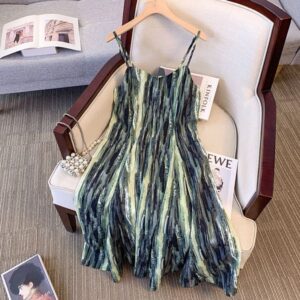 Plus size, gradient gradient vertical stripe autumn camisole dress, women's dress with belly covering and slimming effect 3421