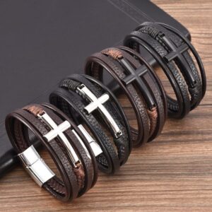 New Cross Leather Bracelet Men's Multi layer Leather Rope Weaving Bracelet Men's Alloy Bracelet