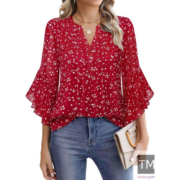 Women's 3/4 Sleeve Tops Dressy Casual Business Work Blouses Chiffon Office Shirts