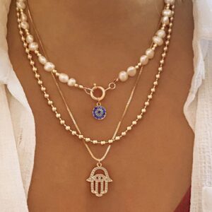 Trendy Layered Metal Necklace with Faux Eye Charm, Gold Pearl Choker for Women, Wholesale Fashion Jewelry