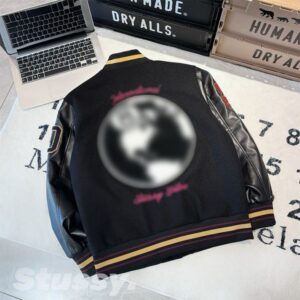 Unisex Spring and Autumn Black Eight piece Leather Sleeve Thin Baseball Jacket Fabric Soft, Comfortable, Versatile