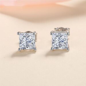 925 Sterling Silver Princess-Cut Moissanite Stud Earrings for Women, Square Shaped Diamond-Like Earrings, Elegant and Sparkling Silver Jewelry